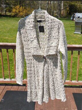 Colour Work Beige Crochet Duster Sweater New Sz XL One Button Closure Cottagecor
